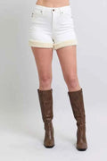 High Waist Shearling Cuff Denim Shorts – Plus Size in Wht