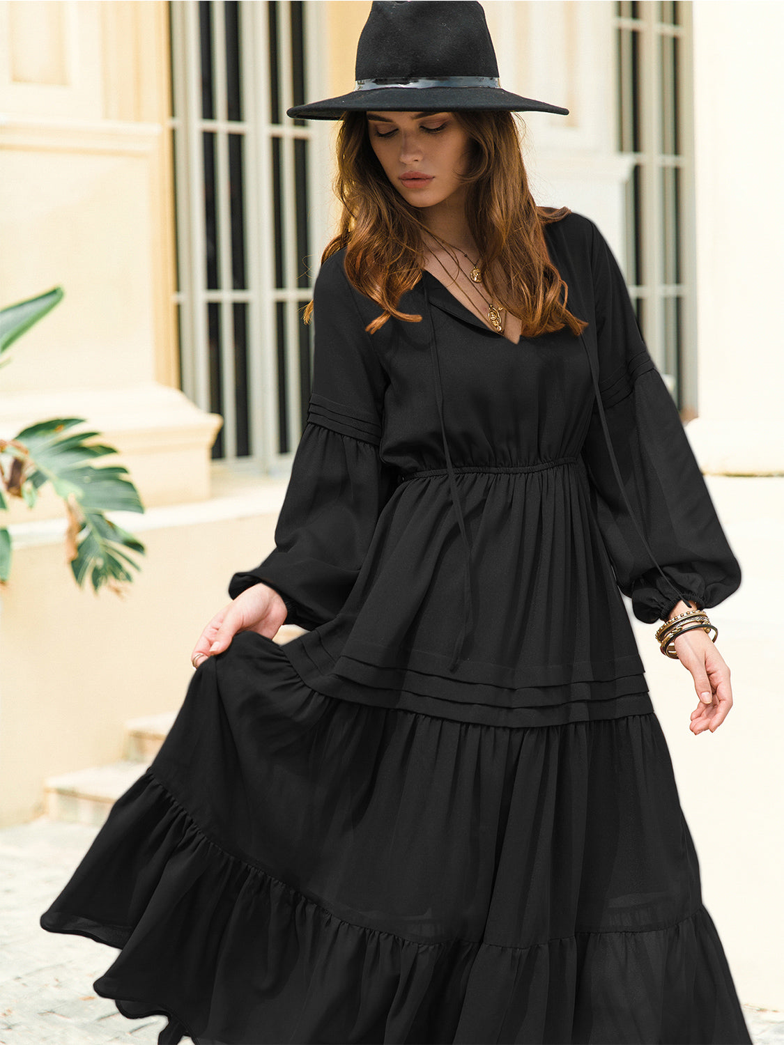 Tie Neck Long Sleeve Tiered Midi Dress – photo 2