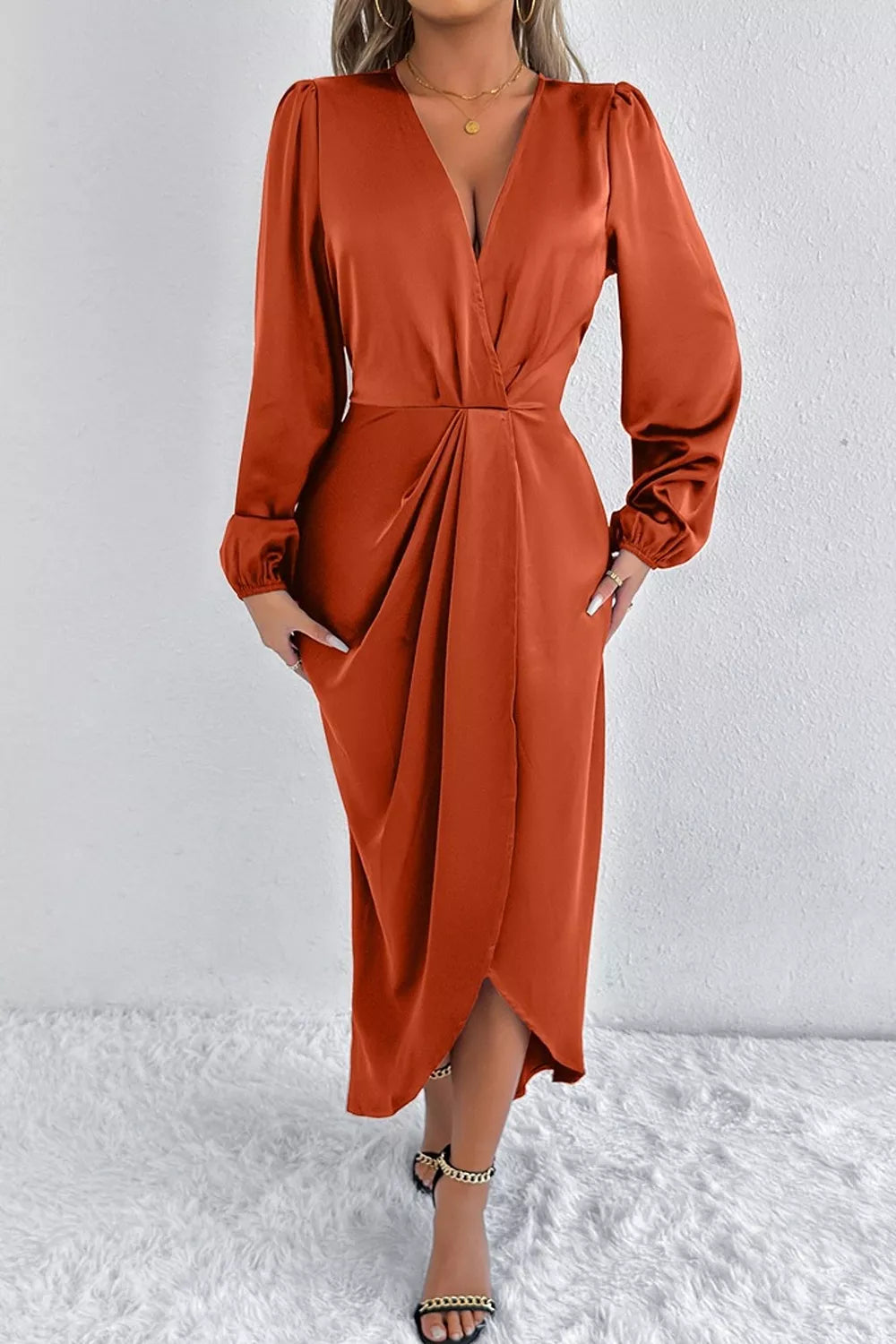 Satin Balloon Sleeve Midi Dress with Slit – photo 14