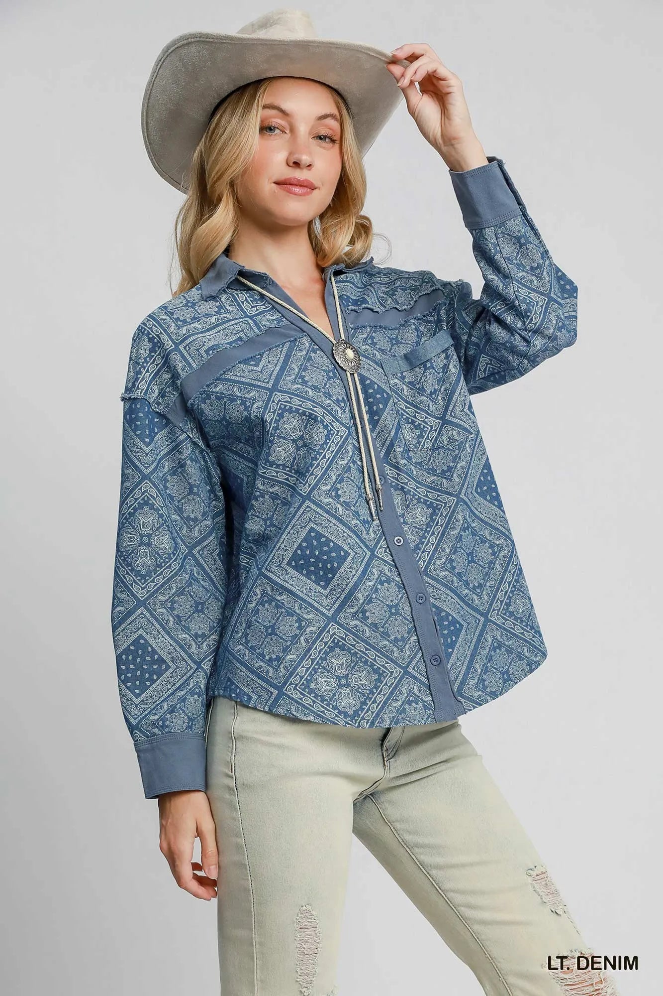Paisley Print Denim Shirt Jacket detail — Livostyle