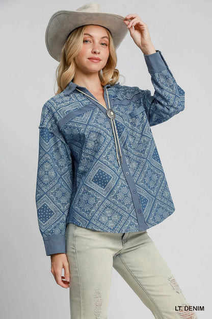 Paisley Print Denim Shirt Jacket detail — Livostyle