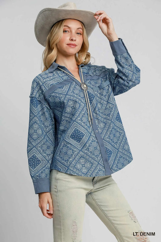 Paisley Print Denim Shirt Jacket detail — Livostyle