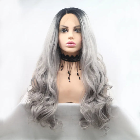 24" Lace Front Synthetic Wig in Black Ombre, Long Wavy — Livostyle