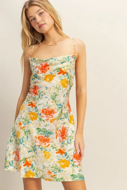 Chic Satin Mini Dress with Floral Print and Cowl Neck — Livostyle