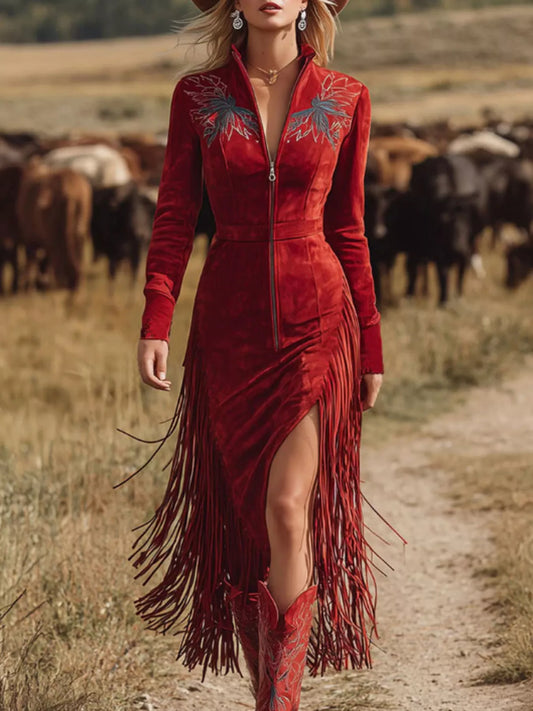 Zip-Front Slit Midi Dress in Red