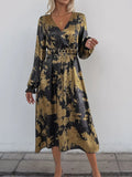 Printed Surplice Long Sleeve Midi Dress in Black