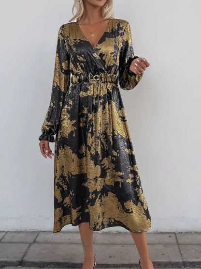 Printed Surplice Long Sleeve Midi Dress in Black
