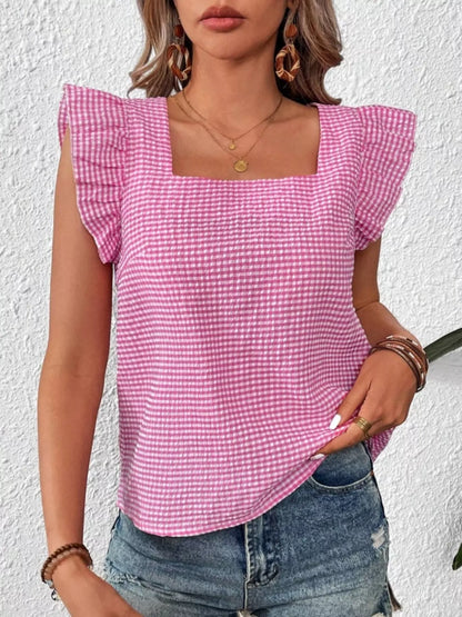 Gingham Ruffle Sleeve Square Neck Blouse – photo 7