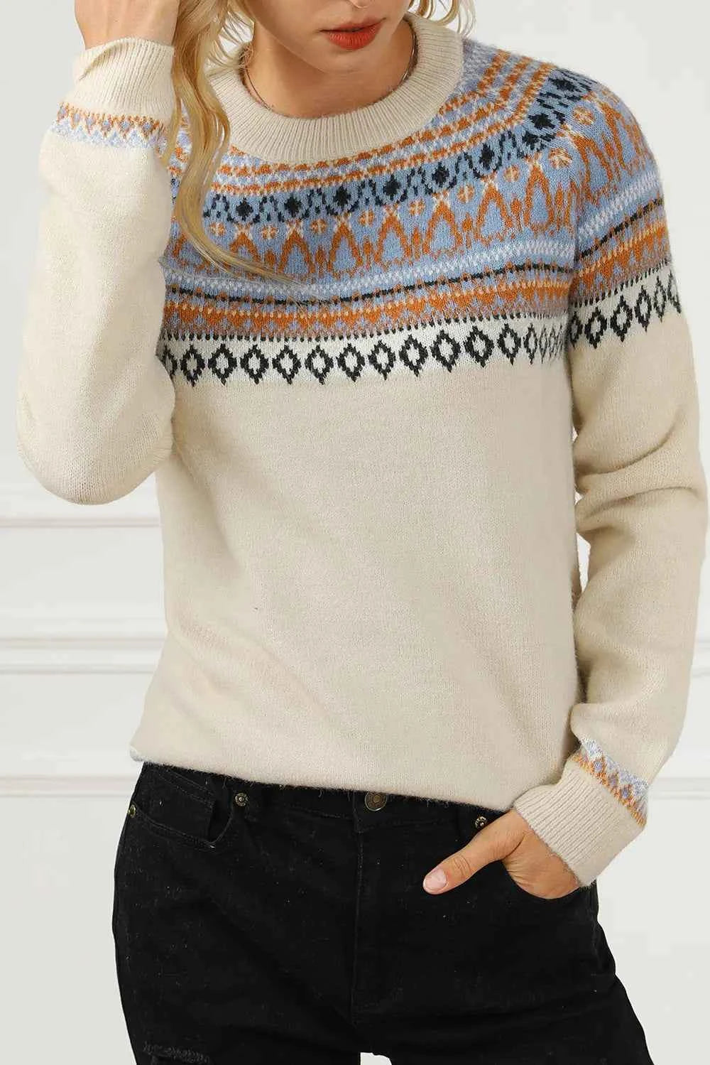 Geometric Round Neck Long Sleeve Sweater