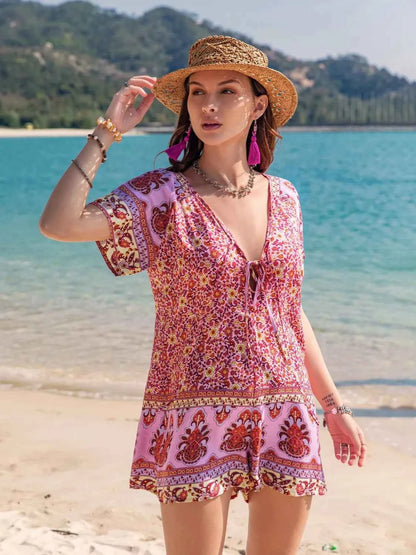 Printed V-Neck Short Sleeve Romper — Livostyle