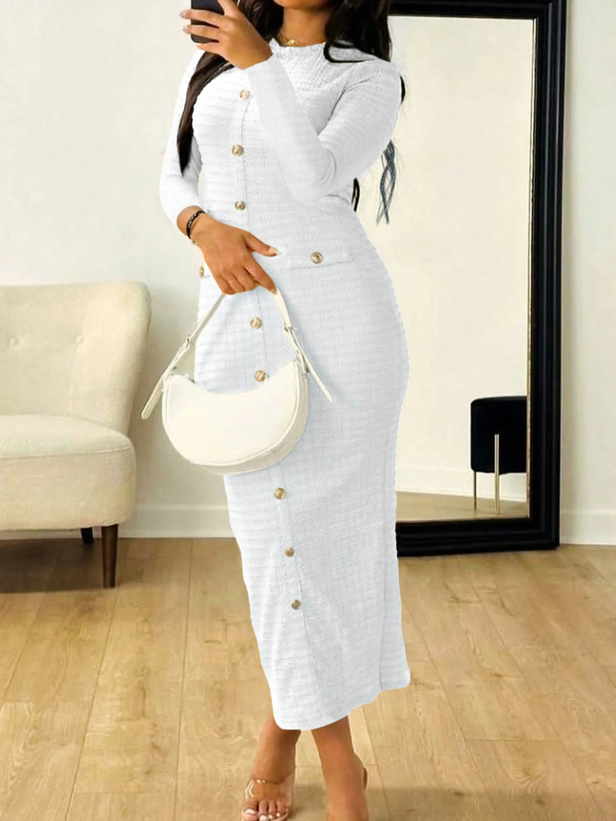 Textured Long Sleeve Midi Dress with Buttons