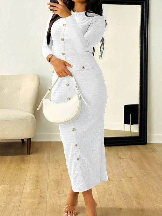 Textured Long Sleeve Midi Dress with Buttons