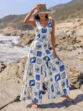 Blue Novelty Print V-Neck Sleeveless Wide Leg Jumpsuit