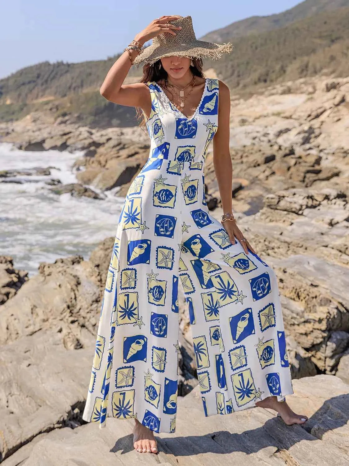 Blue Novelty Print V-Neck Sleeveless Wide Leg Jumpsuit