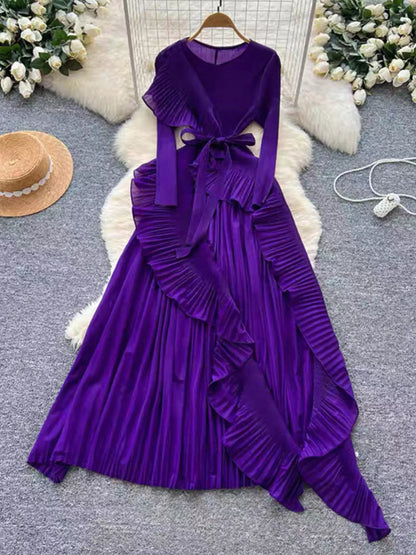 Ruffle Trim Pleated Midi Dress with Tie Detail in Purple