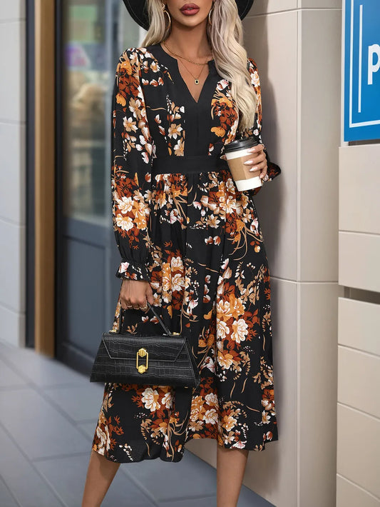 Printed Notched Long Sleeve Midi Dress in Black