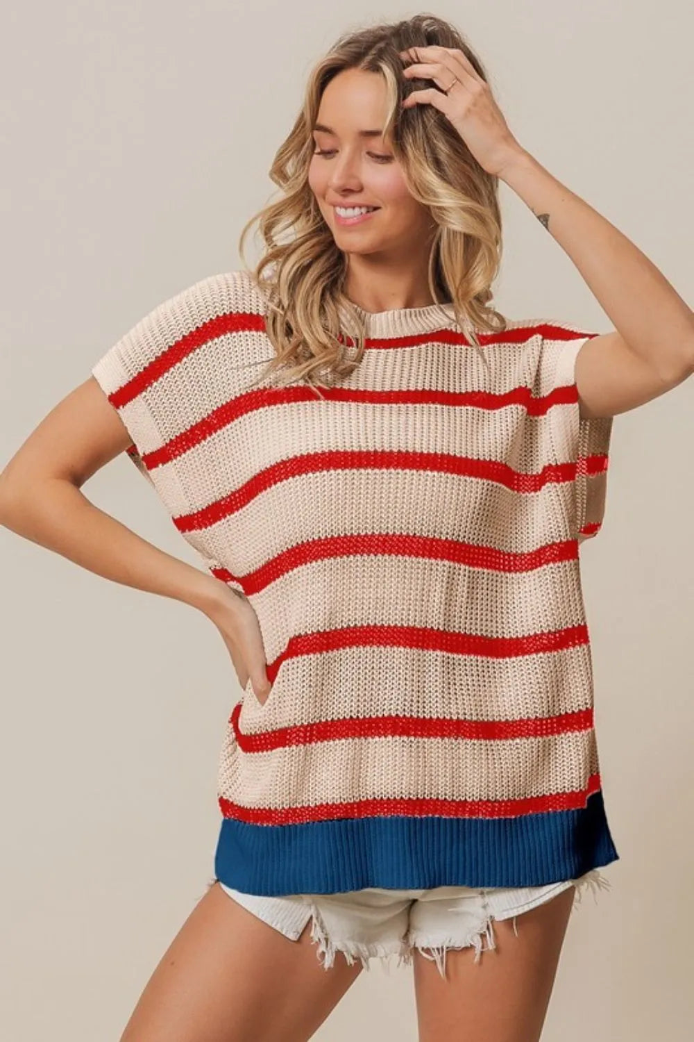 Patriotic Fourth of July Striped Sweater with Drop Shoulders — Livostyle