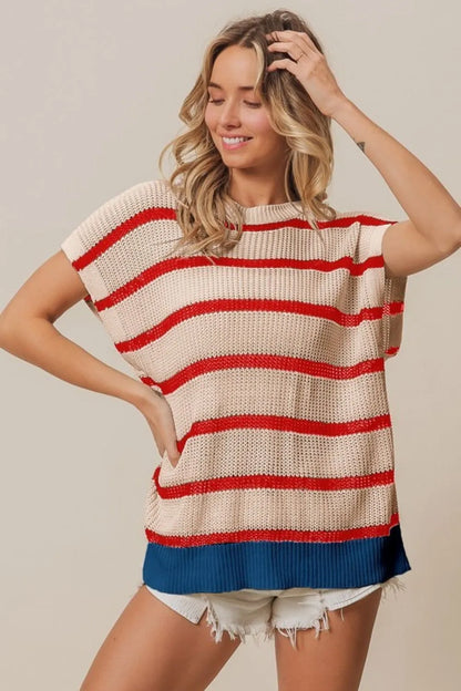 Patriotic Fourth of July Striped Sweater with Drop Shoulders — Livostyle