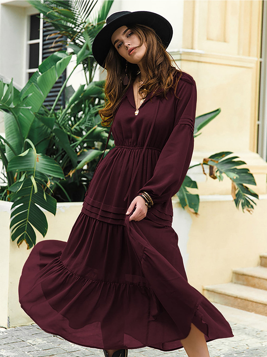 Tie Neck Long Sleeve Tiered Midi Dress in Burgundy