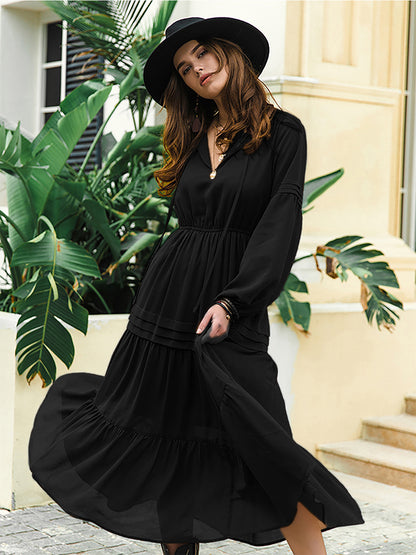 Tie Neck Long Sleeve Tiered Midi Dress in Black
