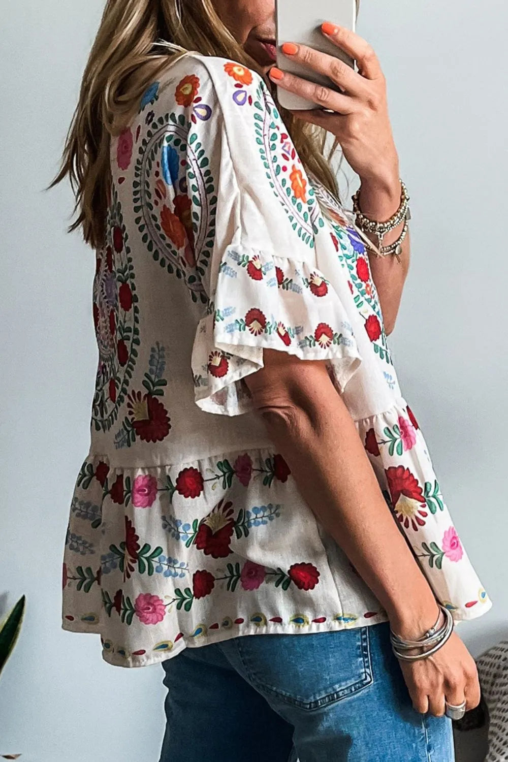 Floral Print Round Neck Ruffle Trim Blouse detail — Livostyle