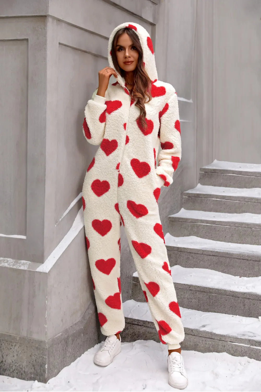 Fuzzy Heart Zip Up Hooded Lounge Jumpsuit — Livostyle