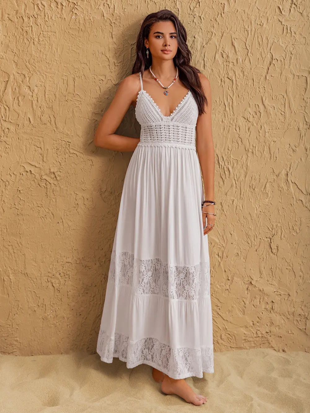 Lace Detail Crochet Tiered Maxi Cami Dress back view — Livostyle