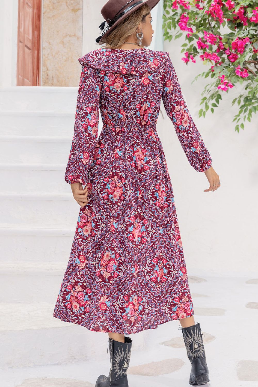 Bohemian Printed Slit Long Sleeve Midi Dress with Ruffle Collar