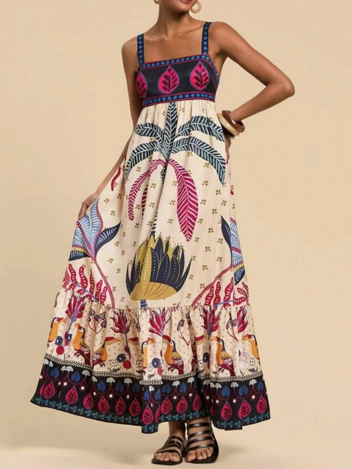 Tropical Print Maxi Cami Dress in Plum Purple