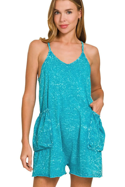 Acid Crinkle Washed Spaghetti Strap Romper — Livostyle