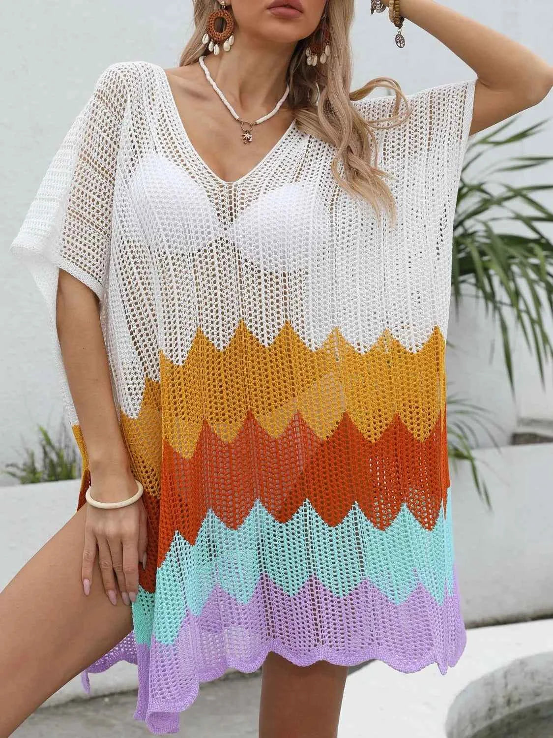 Openwork V-Neck Half Sleeve Cover-Up