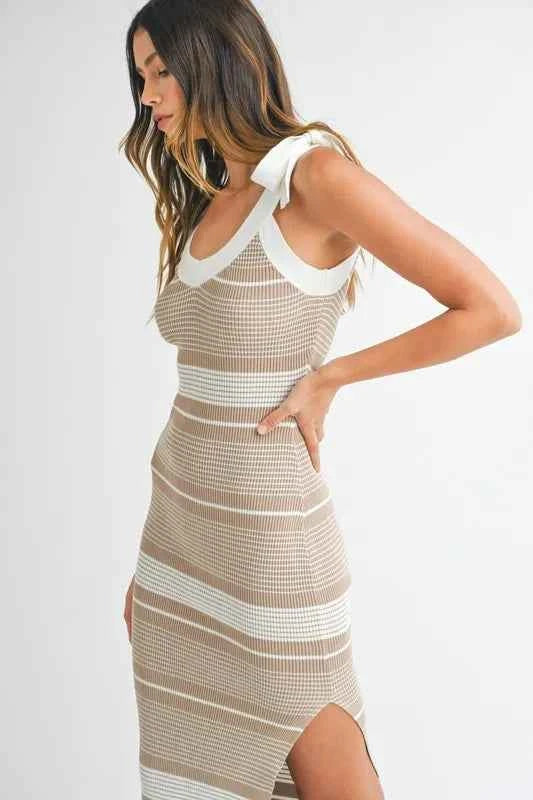 MABLE Striped Rib Knit Midi Dress