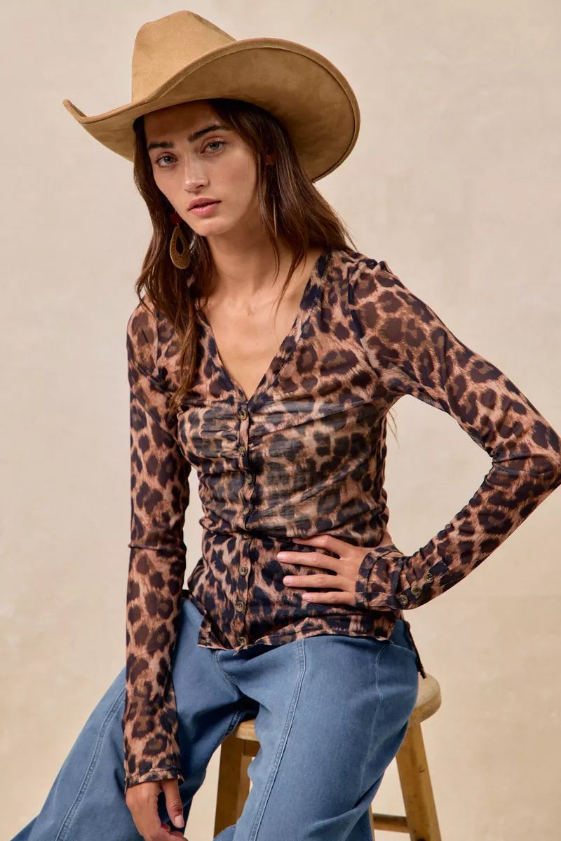 Leopard Printed Mesh Shirt With Button Up V Neck – photo 12