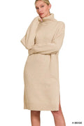 Ribbed Turtleneck Long Sleeve Midi Sweater Dress in H Beige