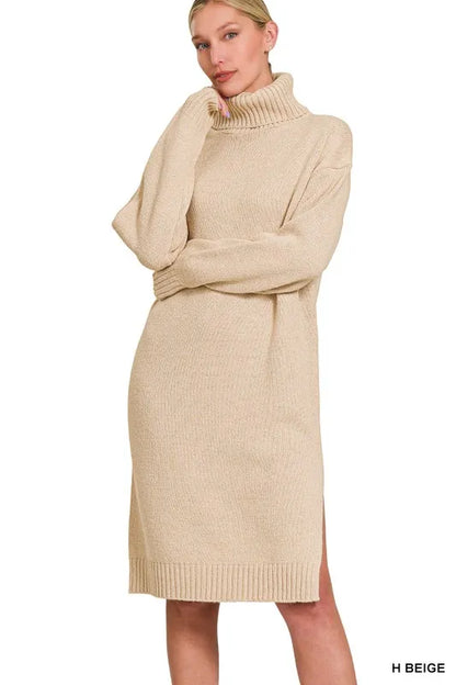 Ribbed Turtleneck Long Sleeve Midi Sweater Dress in H Beige