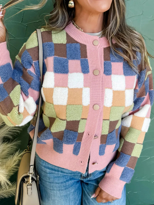 Checkered Pattern Button Front Cardigan — Livostyle
