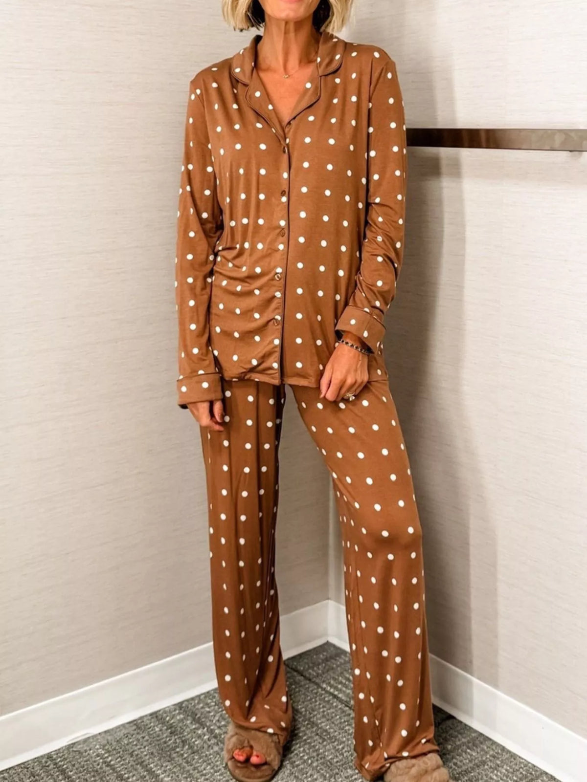 Polka Dot Button-Down Top and Pants Lounge Set — Livostyle
