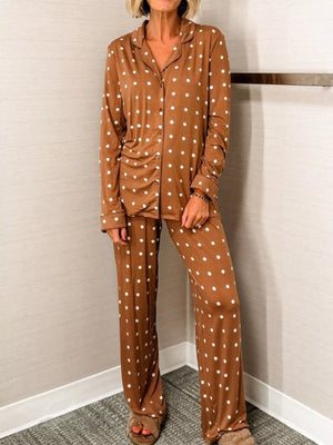 Polka Dot Button-Down Top and Pants Lounge Set in Caramel
