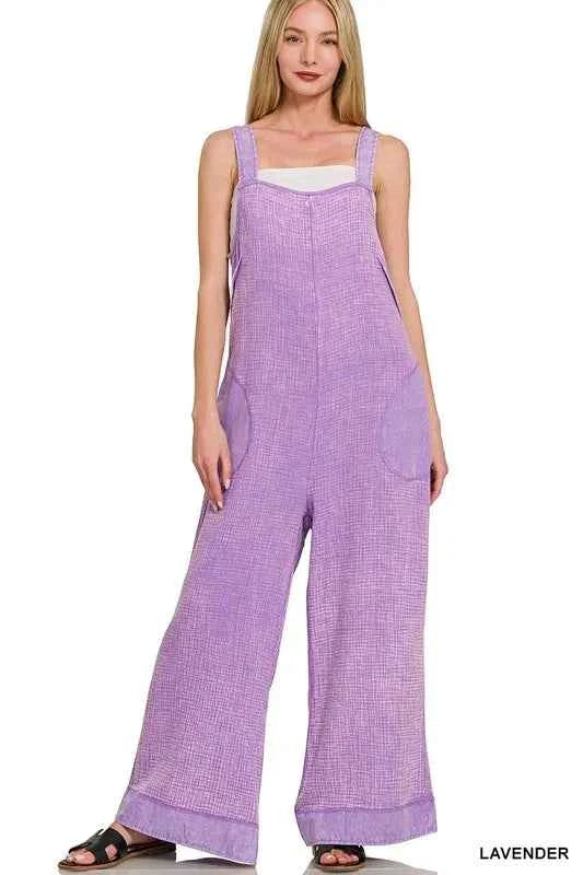 Zenana Double Gauze Washed Wide Leg Overalls