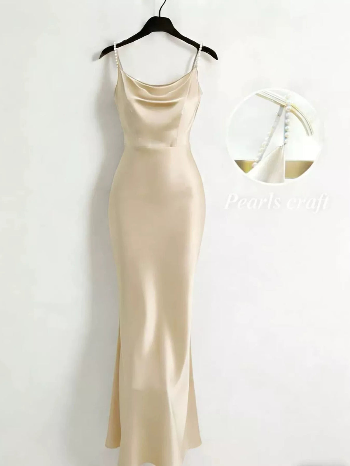 Lined Pearl Strap Cowl Neck Satin Maxi Dress in Apricot