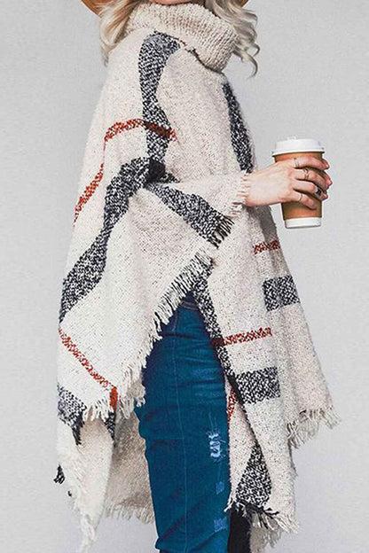 Plaid Turtleneck Raw Hem Poncho — Livostyle
