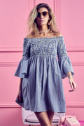 Off-Shoulder Striped Dress with Smocked Bodice in Denim