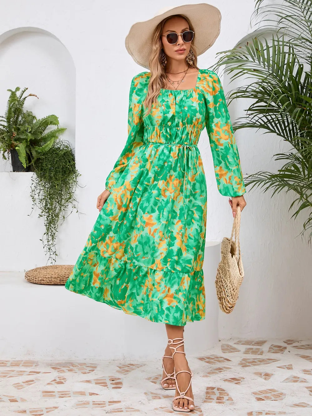 Printed Long Sleeve Midi Dress with Tie Detail – photo 18