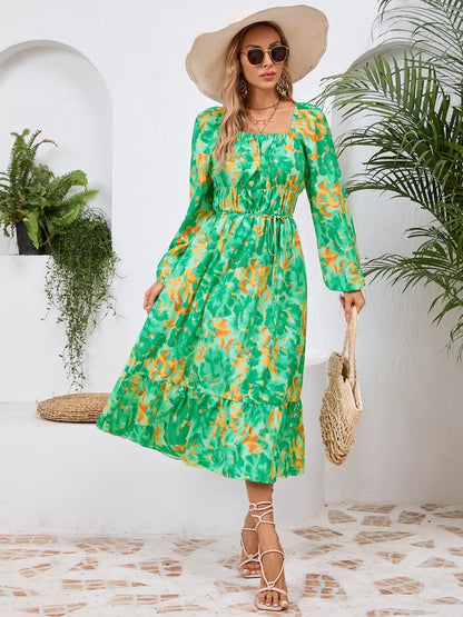 Printed Long Sleeve Midi Dress with Tie Detail – photo 18