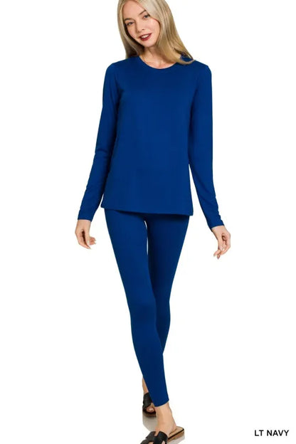 Microfiber Round Neck Top and Leggings Set in LT NAVY