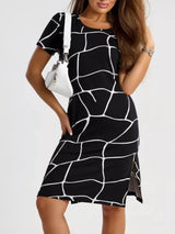 Geometric Print Midi Dress with Side Slit – Plus Size in Black