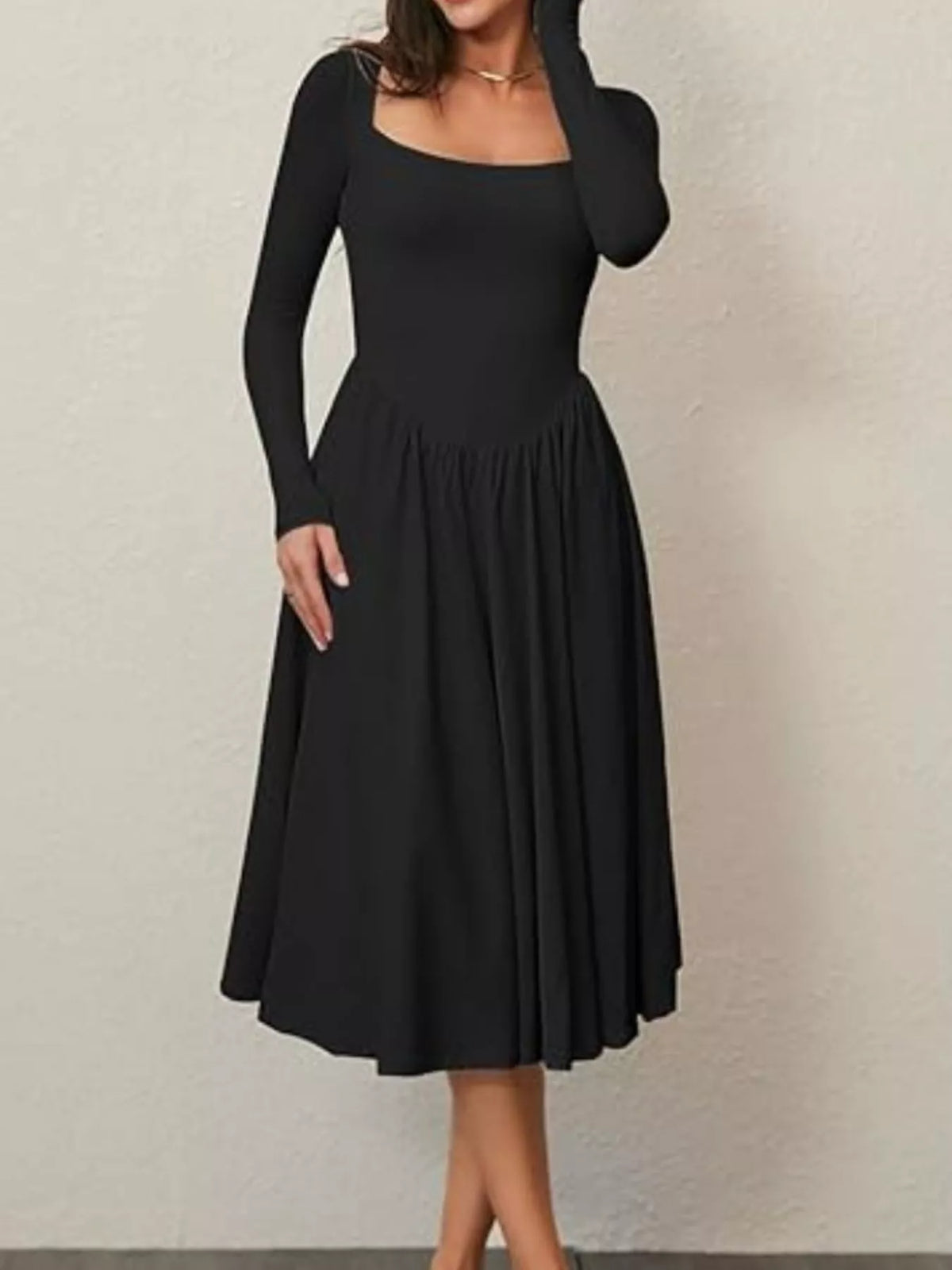 Square Neck Long Sleeve Midi Dress in Cotton Blend