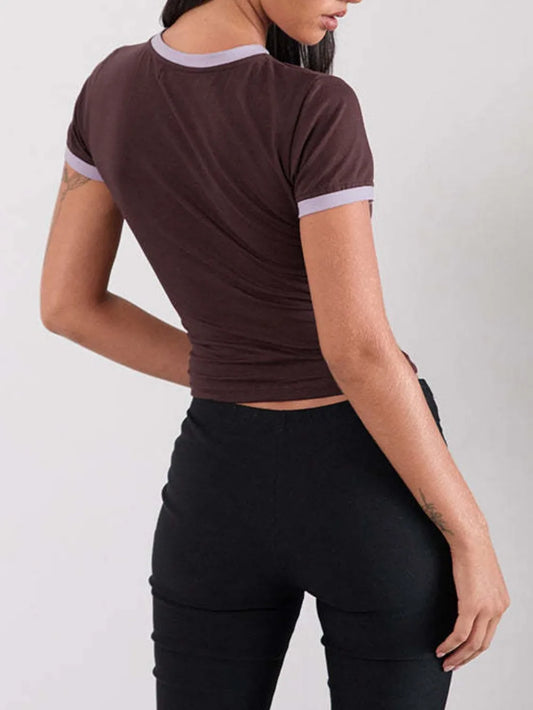 Letter Graphic Round Neck Short Sleeve T-Shirt detail — Livostyle