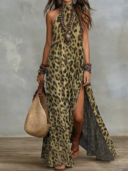 Leopard Print Sleeveless Maxi Dress with Side Slit in Yellow
