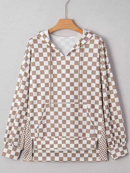 Checkered Pattern Oversized Drawstring Hoodie detail — Livostyle